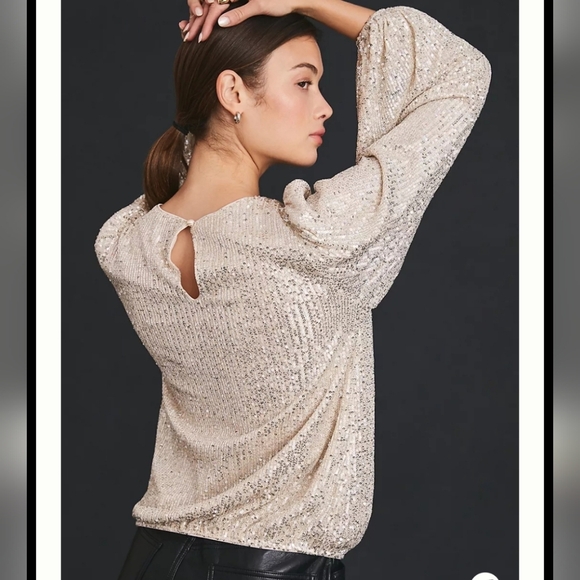 Anthropologie Flat White LP Showstopping Cream Metallic Sequin Blouse - Picture 13 of 14